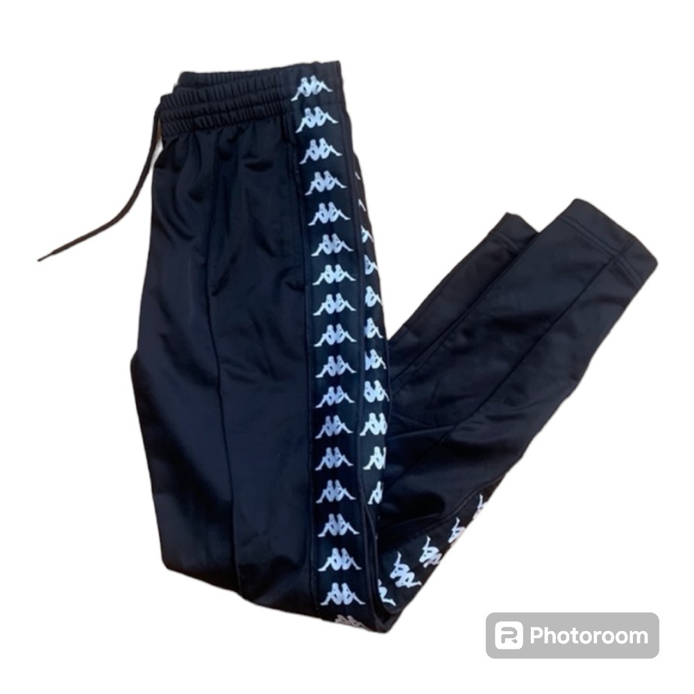 Kappa Black Track Pants with White Logo Tape